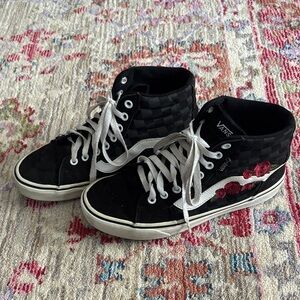 Vans Black Checkered High-Tops with Red Rose Detail